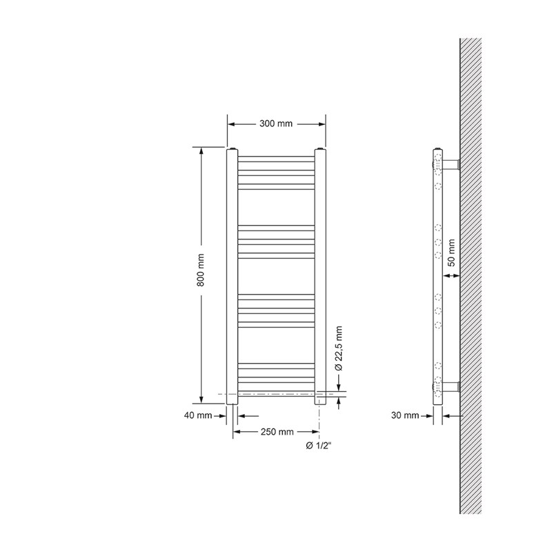 Elektrischer Badheizkörper mit Heizstab 300W 300x800 mm Chrome gerade Seitenanschluss & Thermostat Digitalanzeige LuxeBath