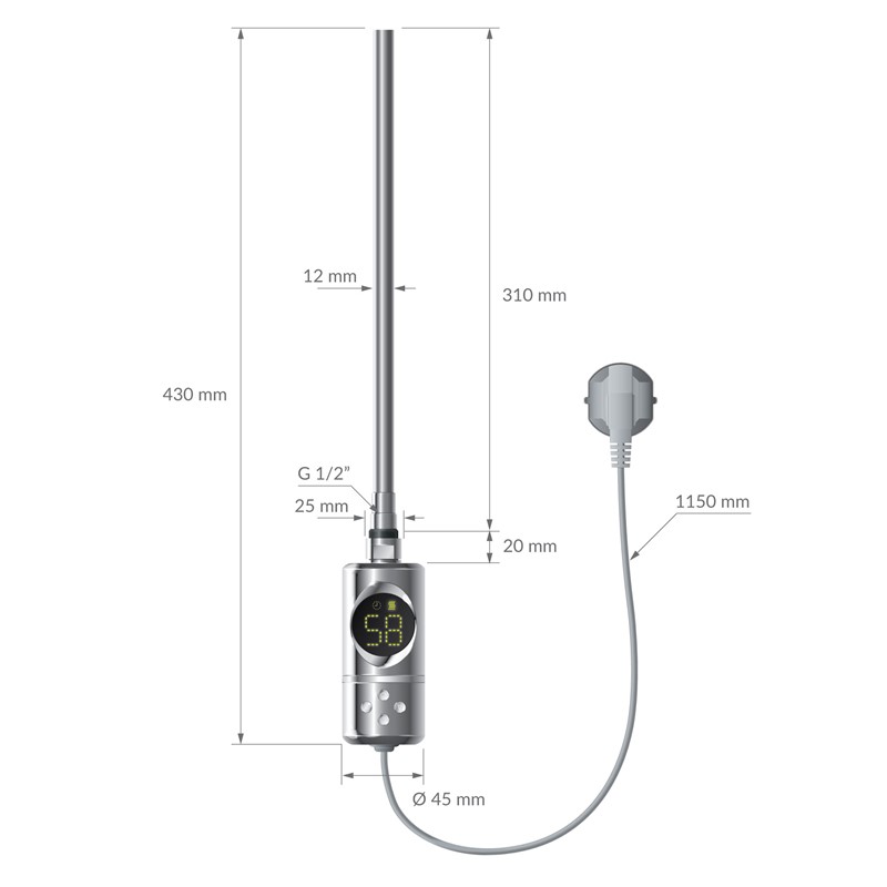Elektrischer Badheizkörper mit Heizstab 300W 300x800 mm Chrome gerade Seitenanschluss & Thermostat Digitalanzeige LuxeBath