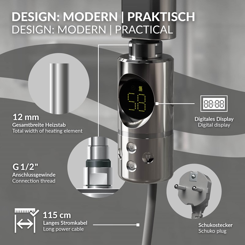 Elektrischer Badheizkörper mit Heizstab 300W 300x800 mm Chrome gerade Seitenanschluss & Thermostat Digitalanzeige LuxeBath