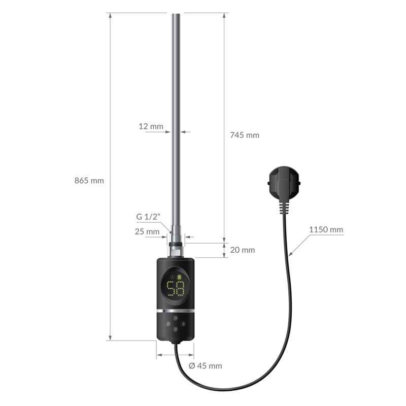 Design Badheizkörper Sahara Elektrisch mit Heizstab 1200W 400x1200 mm gebogen Schwarz matt Seitenanschluss LuxeBath