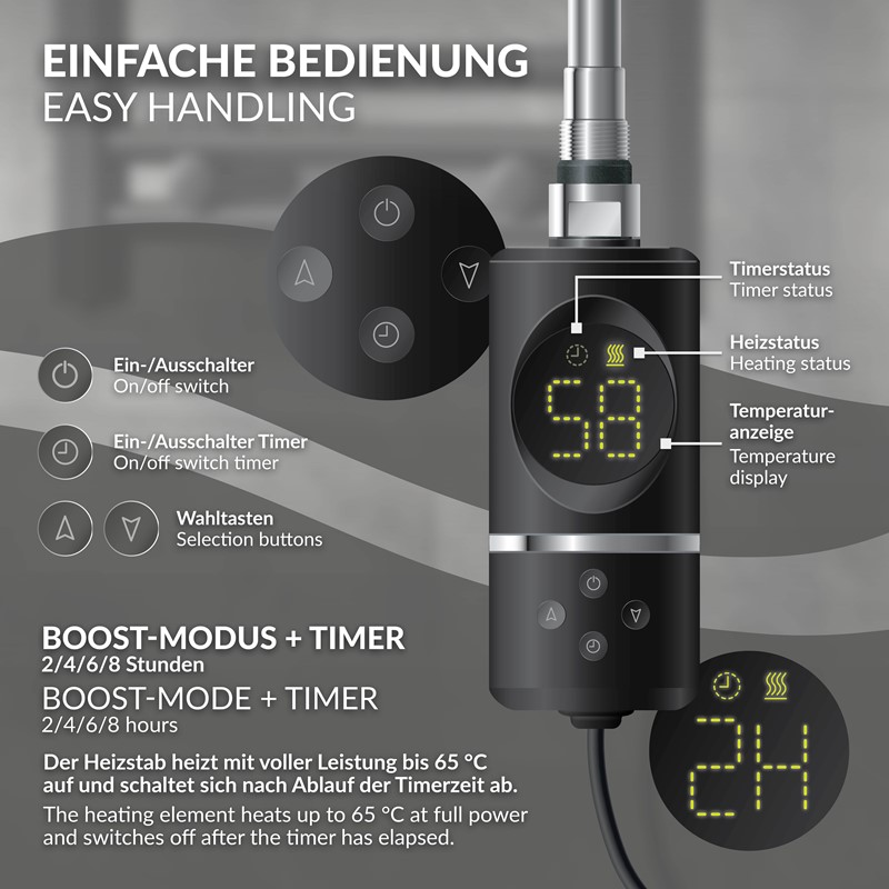 Design Badheizkörper Sahara Elektrisch mit Heizstab 1200W 400x1200 mm gebogen Schwarz matt Seitenanschluss LuxeBath