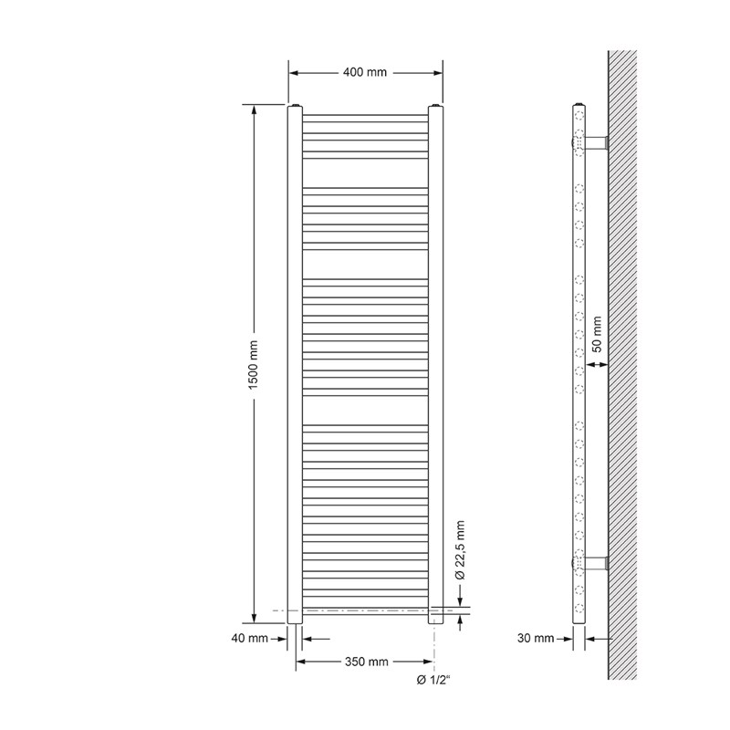 Design Badheizkörper Sahara Elektrisch mit Heizstab 900W 400x1500 mm gerade Schwarz matt Seitenanschluss LuxeBath