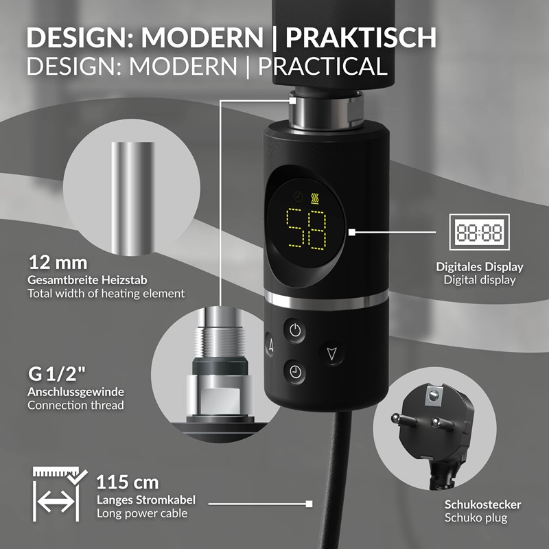 Design Badheizkörper Sahara Elektrisch mit Heizstab 900W 400x1500 mm gerade Schwarz matt Seitenanschluss LuxeBath