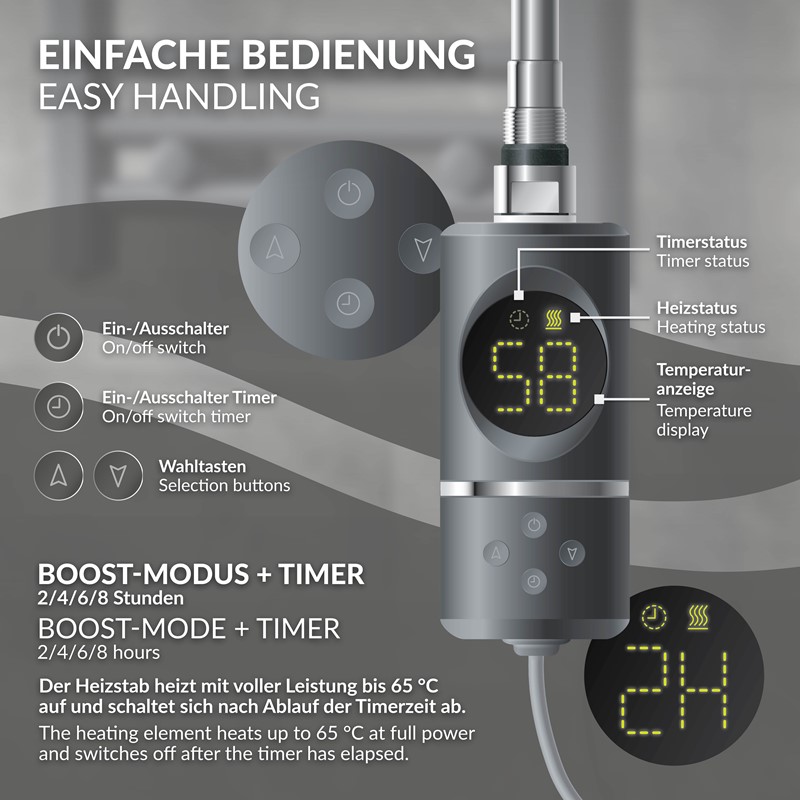 Elektrischer Badheizkörper mit Heizstab 900W 500x1500 mm Anthrazit gerade mit Seitenanschluss & Thermostat Digitalanzeige LuxeBath