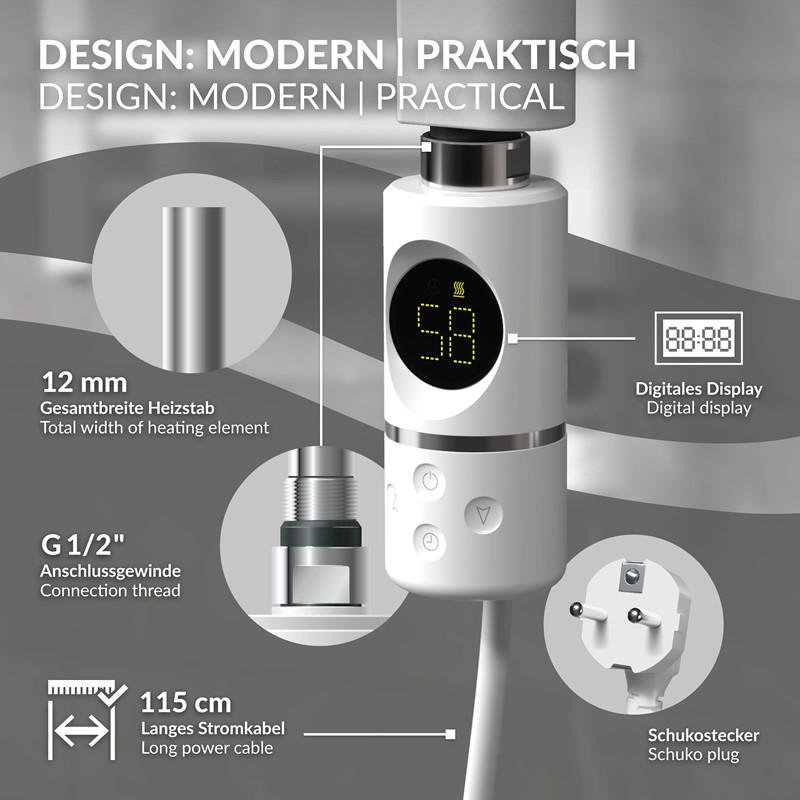 Elektrischer Badheizkörper mit Heizstab 900W 500x1500 mm Weiß gebogen mit Seitenanschluss & Thermostat Digitalanzeige LuxeBath
