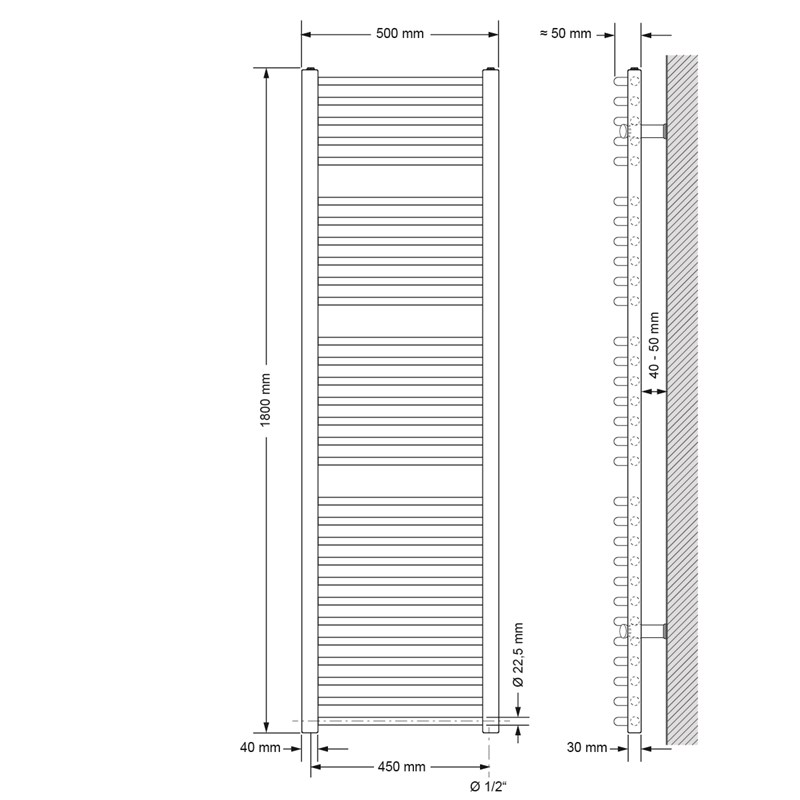 Elektrischer Badheizkörper mit Heizstab1200W 500x1800 mm Anthrazit gebogen mit Seitenanschluss & Thermostat Digitalanzeige LuxeBath