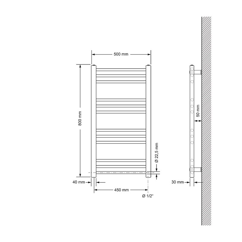 Design Badheizkörper Sahara Elektrisch mit Heizstab 300W 500x800 mm gerade Schwarz matt Seitenanschluss LuxeBath