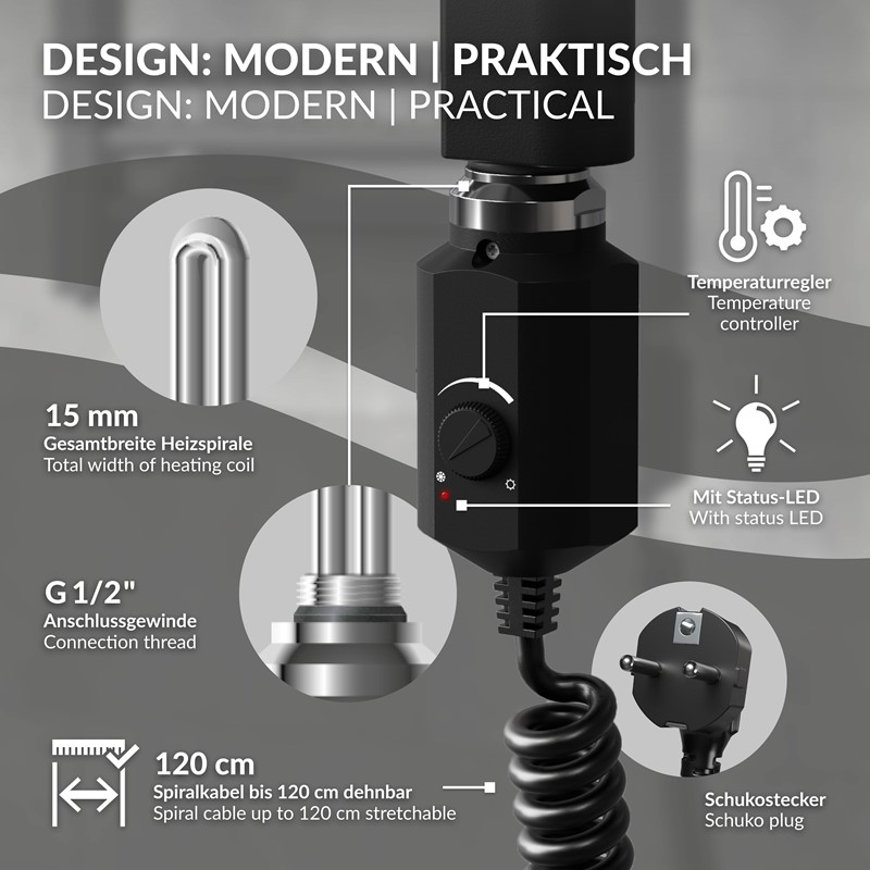 Design Badheizkörper Sahara Elektrisch mit Heizstab 300W 500x800 mm gerade Schwarz matt Seitenanschluss LuxeBath