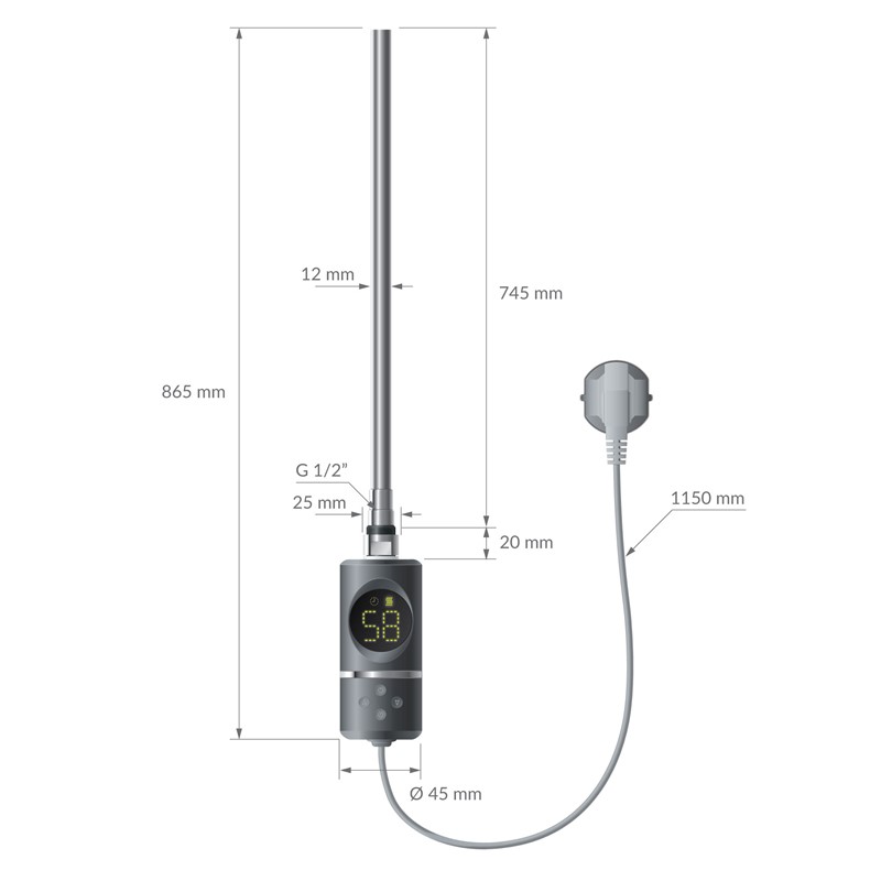 Elektrischer Badheizkörper mit Heizstab 900W 600x1500 mm Anthrazit gebogen Seitenanschluss & Thermostat Digitalanzeige LuxeBath
