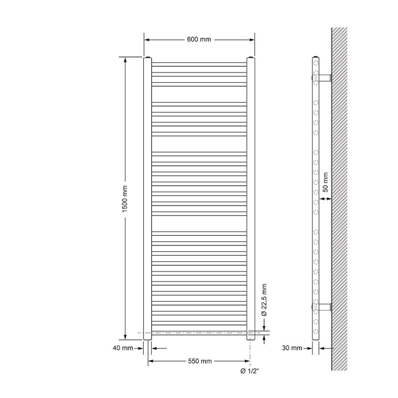 Elektrischer Badheizkörper mit Heizstab 1200W 600x1500 mm Anthrazit gerade Seitenanschluss & Thermostat Digitalanzeige LuxeBath