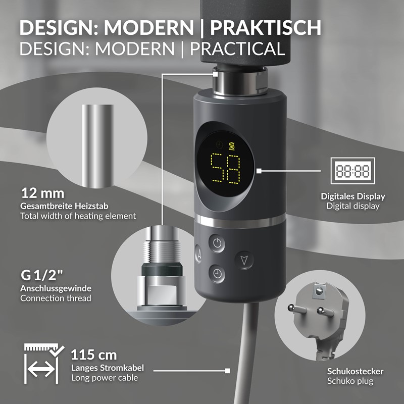 Elektrischer Badheizkörper mit Heizstab 1200W 600x1500 mm Anthrazit gerade Seitenanschluss & Thermostat Digitalanzeige LuxeBath