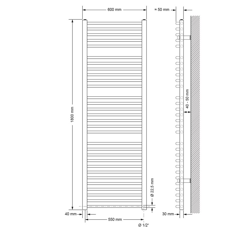 Elektrischer Badheizkörper mit Heizstab 1200W 600x1800 mm Weiß gebogen Seitenanschluss & Thermostat Digitalanzeige LuxeBath