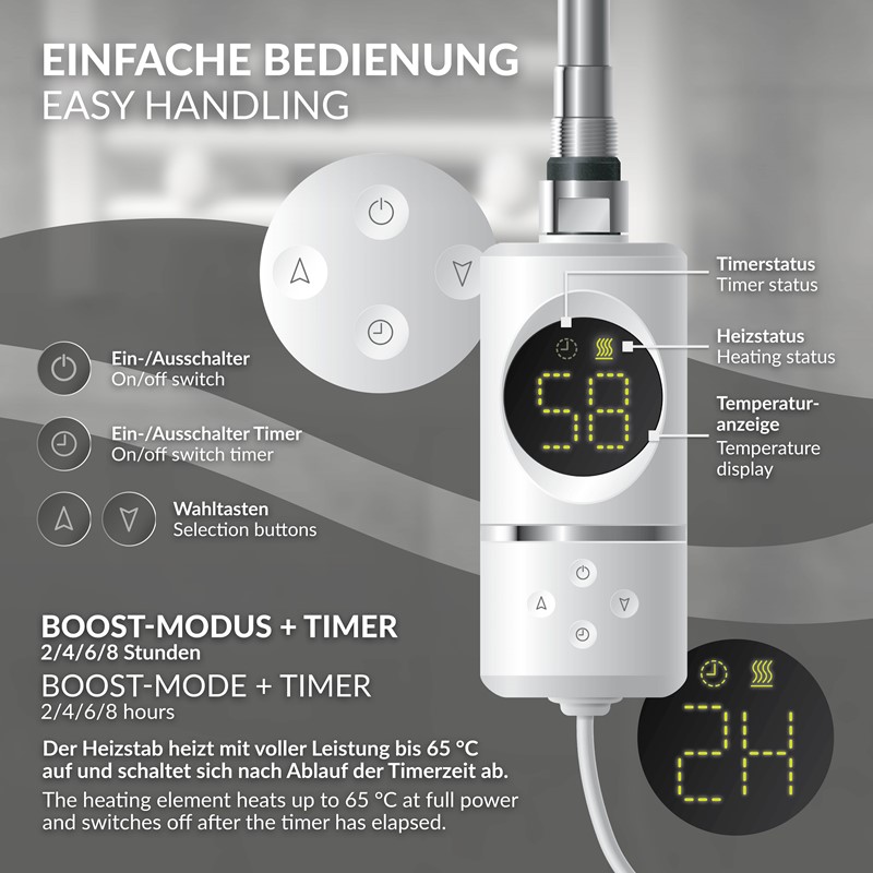 Elektrischer Badheizkörper mit Heizstab 1200W 600x1800 mm Weiß gebogen Seitenanschluss & Thermostat Digitalanzeige LuxeBath