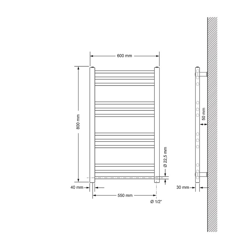 Elektrischer Badheizkörper mit Heizstab 300W 600x800 mm Weiß gerade Seitenanschluss & Thermostat Digitalanzeige LuxeBath