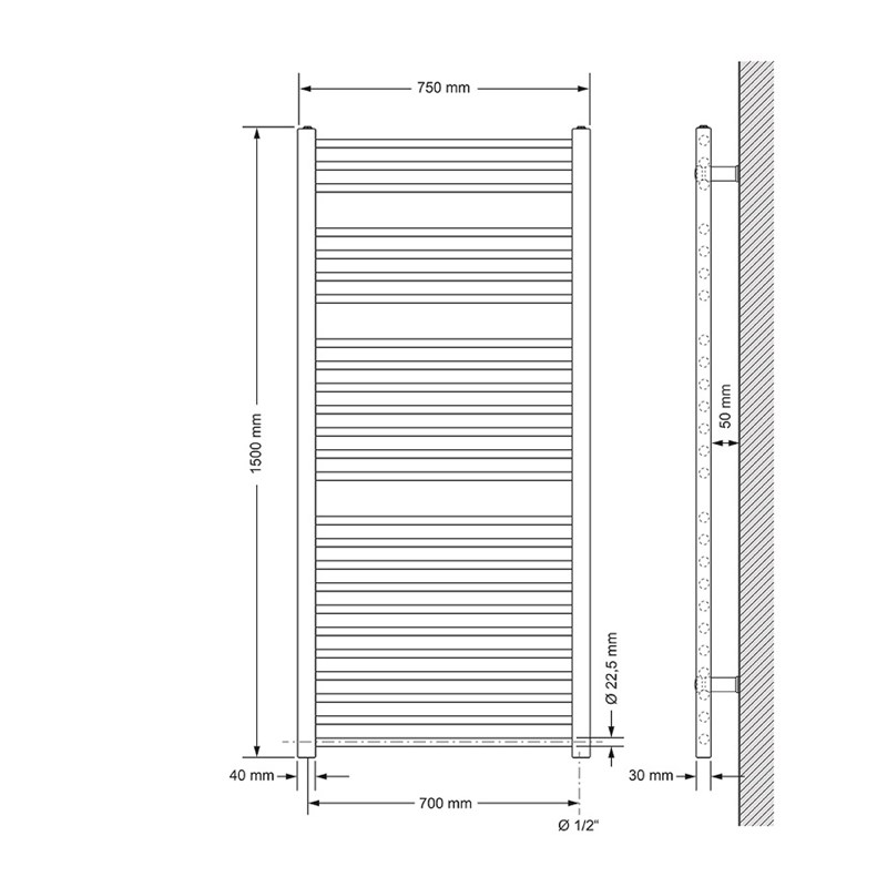 Elektrischer Badheizkörper mit Heizstab 900W 750x1500 mm Weiß gerade Seitenanschluss & Thermostat Digitalanzeige LuxeBath