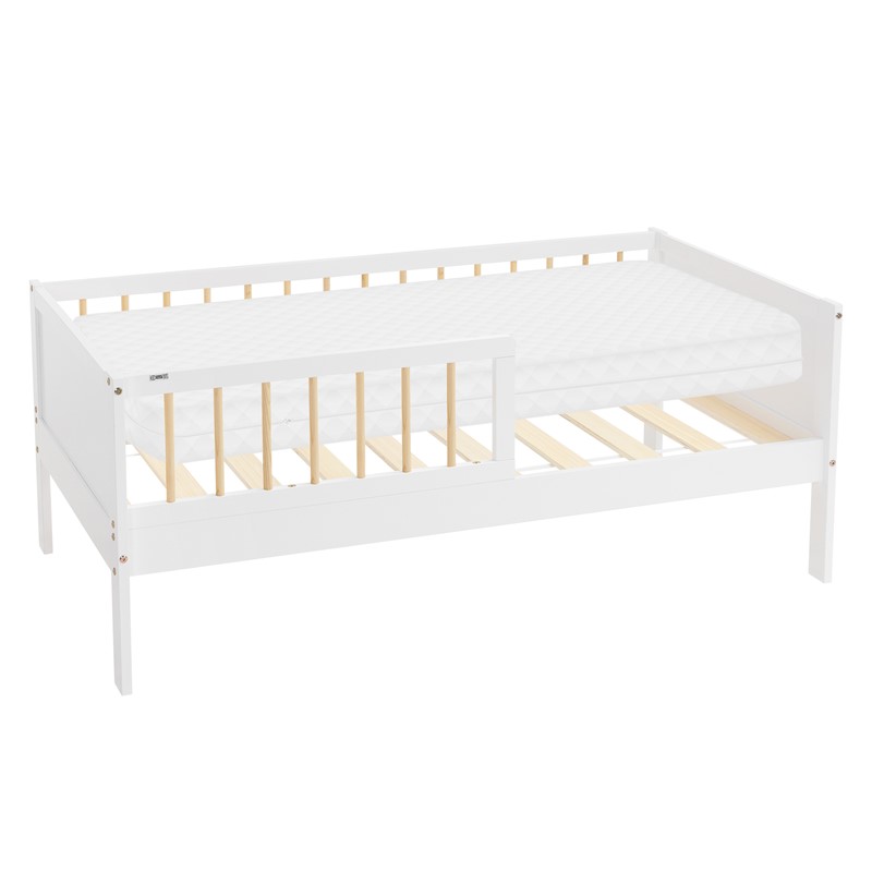 Kinderbett 70x140 cm mit Matratze, Lattenrost und Rausfallschutz in Weiß/Natur ML-Design