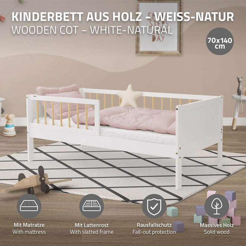 Kinderbett 70x140 cm mit Matratze, Lattenrost und Rausfallschutz in Weiß/Natur ML-Design