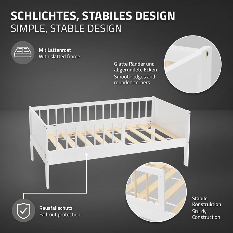 Kinderbett 70x140 cm mit Matratze, Lattenrost und Rausfallschutz in Weiß/Natur ML-Design