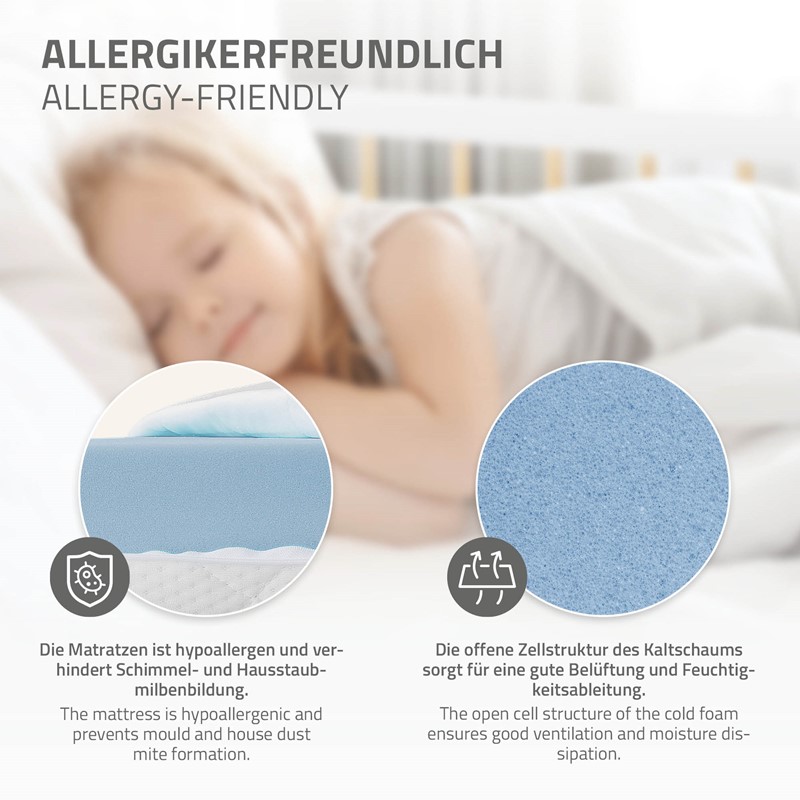 Kinderbett 70x140 cm mit Matratze, Lattenrost und Rausfallschutz in Weiß/Natur ML-Design