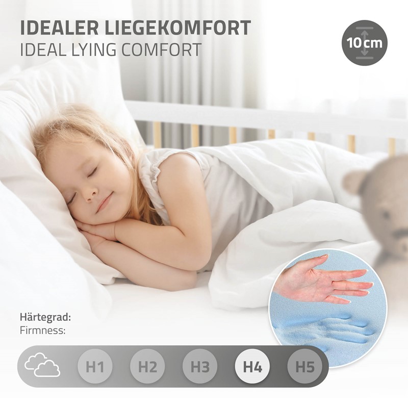 Kinderbett 70x140 cm mit Matratze, Lattenrost und Rausfallschutz in Weiß/Natur ML-Design