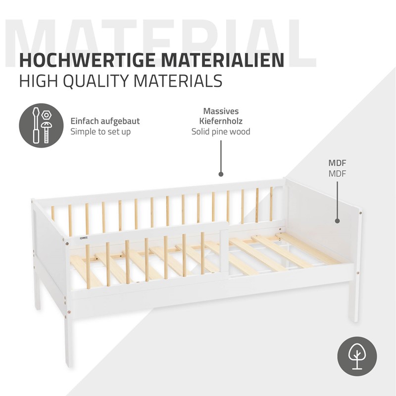 Kinderbett 70x140 cm mit Matratze, Lattenrost und Rausfallschutz in Weiß/Natur ML-Design