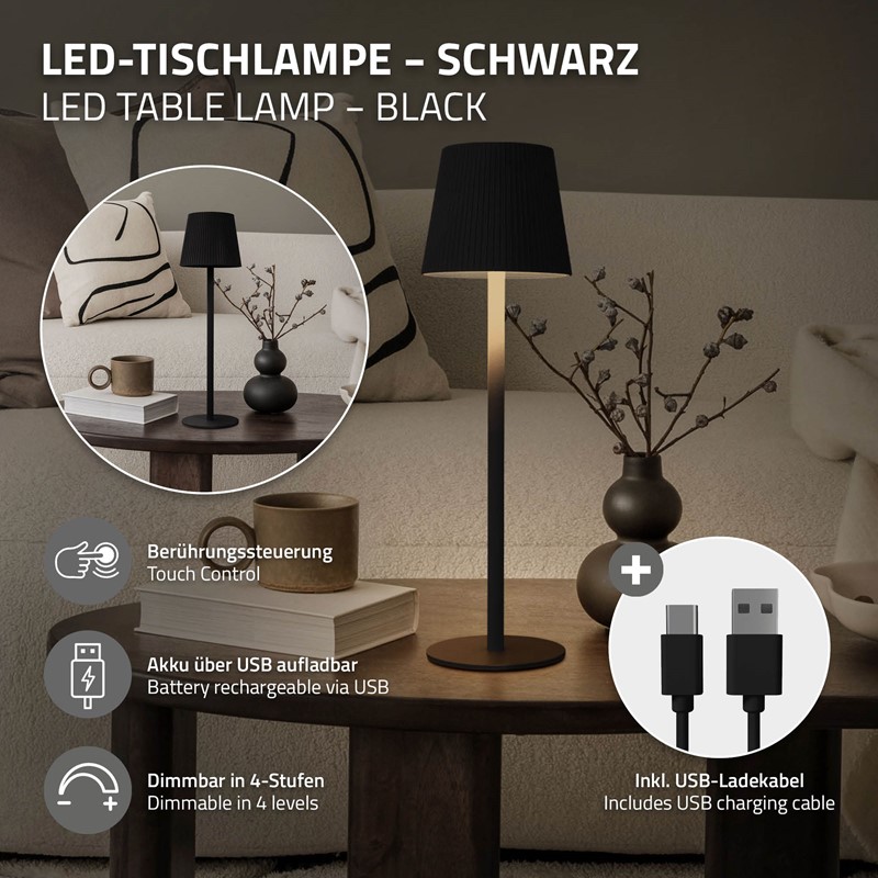 LED Tischlampe kabellos mit Touch, Schwarz, Ø10x36 cm, Akku Tischleuchte USB-C ML-Design