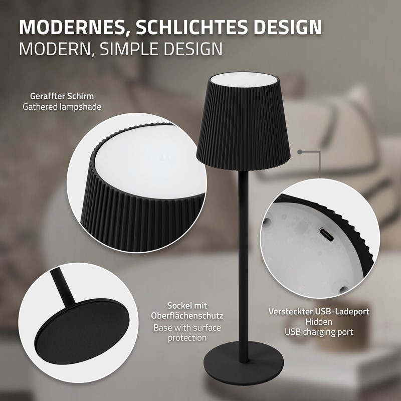 LED Tischlampe kabellos mit Touch, Schwarz, Ø10x36 cm, Akku Tischleuchte USB-C ML-Design