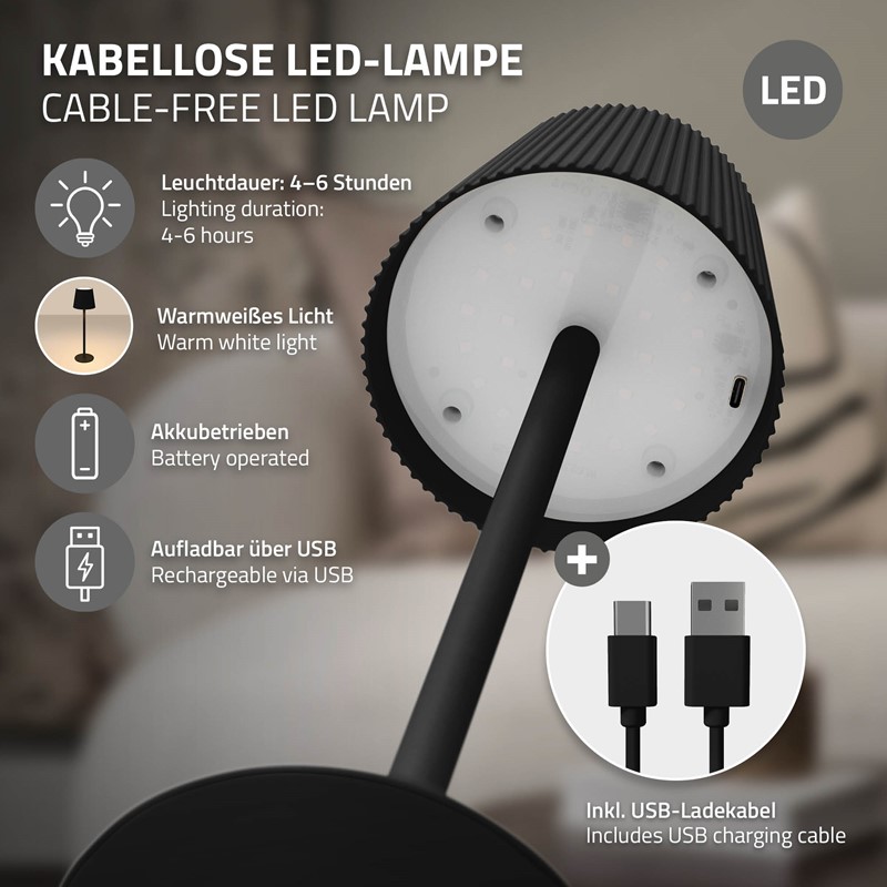 LED Tischlampe kabellos mit Touch, Schwarz, Ø10x36 cm, Akku Tischleuchte USB-C ML-Design