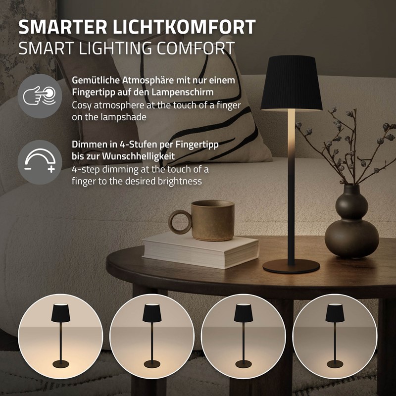 LED Tischlampe kabellos mit Touch, Schwarz, Ø10x36 cm, Akku Tischleuchte USB-C ML-Design