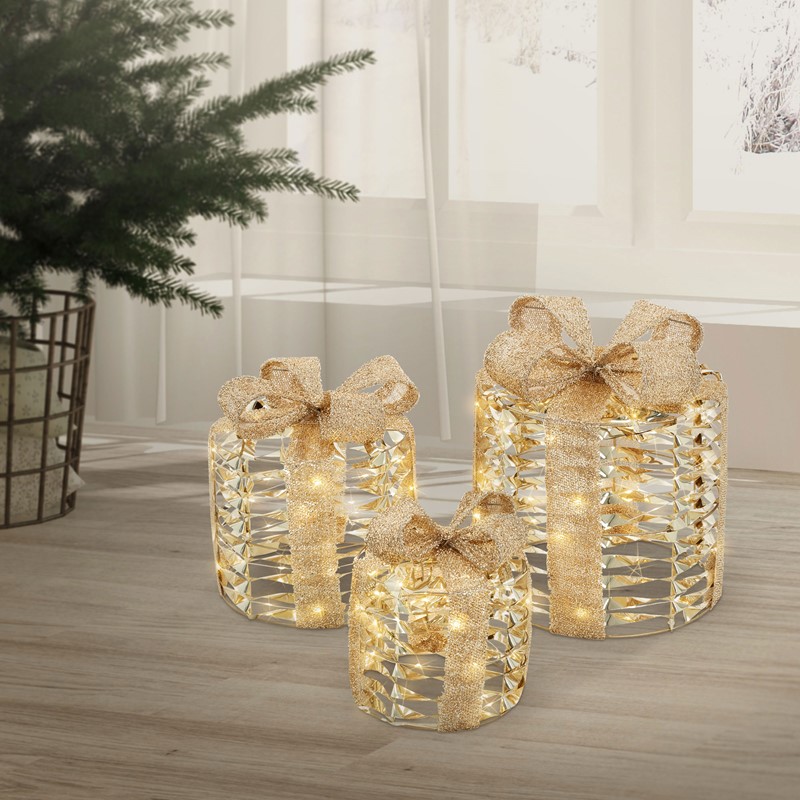3er Set LED Weihnachtsgeschenkboxen Gold Warmweiß batteriebetrieben mit Timer 3er Set LED Weihnachtsgeschenkboxen Gold Warmweiß batteriebetrieben mit Timer