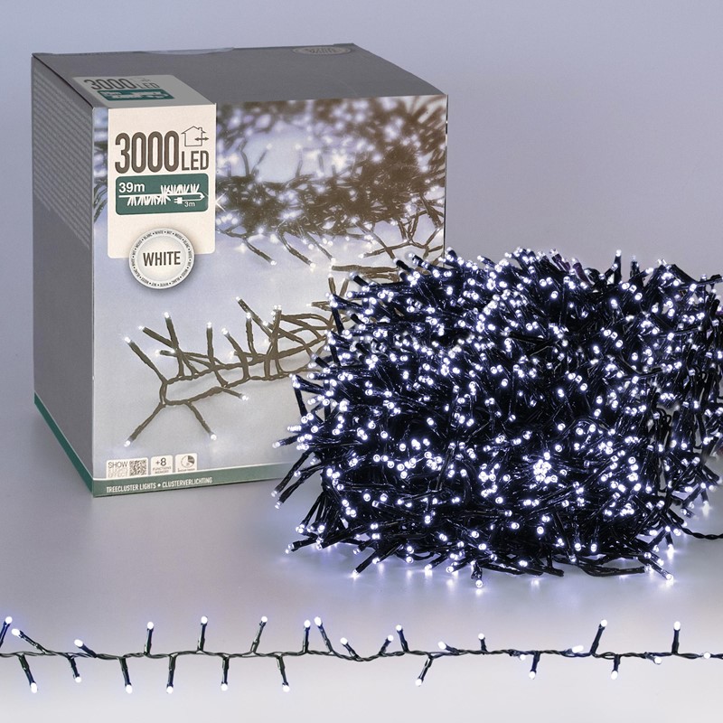 LED Cluster Lichterkette 39m, 3000 LEDs Kaltweiß, mit Timer und 8 Leuchtmodi, IP44 Innen/Außen LED Cluster Lichterkette 39m, 3000 LEDs Kaltweiß, mit Timer und 8 Leuchtmodi, IP44 Innen/Außen