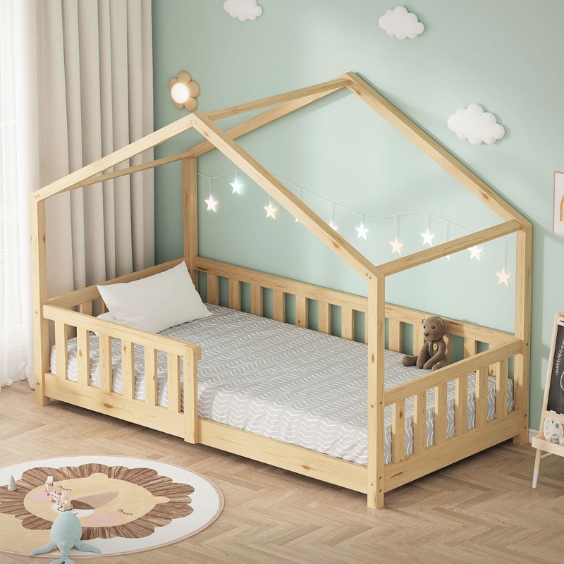Kinderbett Hausbett 80x160 cm Natur aus Kiefernholz Holzbett mit Rausfallschutz und Lattenrost ML-Design Kinderbett Hausbett 80x160 cm Natur aus Kiefernholz Holzbett mit Rausfallschutz und Lattenrost ML-Design