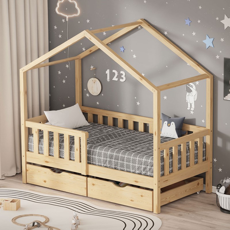 Kinderbett Hausbett mit 2 Schubkasten 70x140 cm Natur aus Kiefernholz mit Rausfallschutz und Lattenrost ML-Design Kinderbett Hausbett mit 2 Schubkasten 70x140 cm Natur aus Kiefernholz mit Rausfallschutz und Lattenrost ML-Design