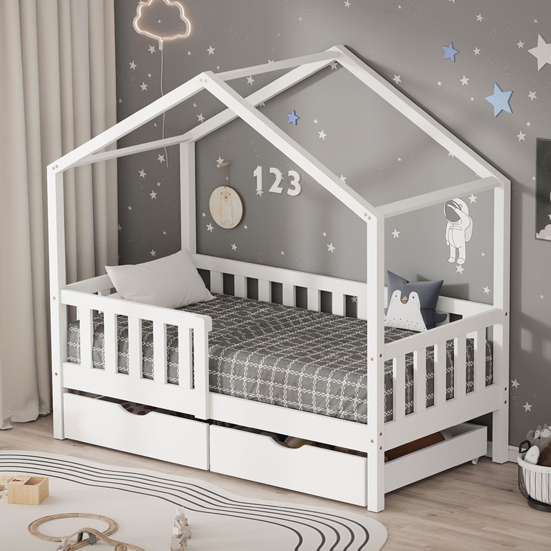 Kinderbett Hausbett mit 2 Schubkasten 70x140 cm Weiß aus Kiefernholz mit Rausfallschutz und Lattenrost ML-Design Kinderbett Hausbett mit 2 Schubkasten 70x140 cm Weiß aus Kiefernholz mit Rausfallschutz und Lattenrost ML-Design