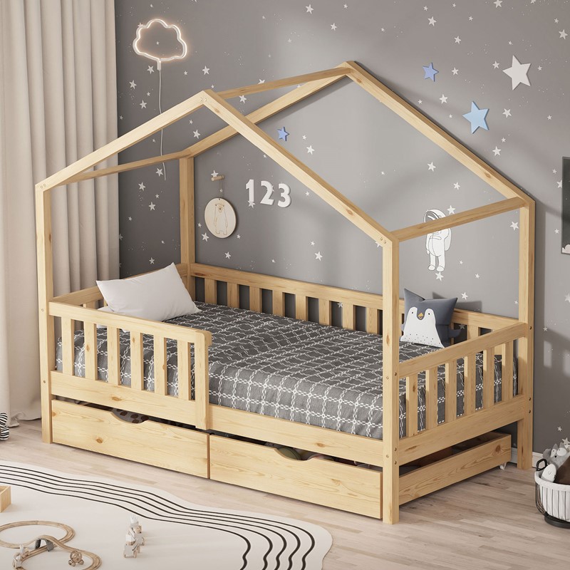 Kinderbett Hausbett mit 2 Schubkasten 80x160 cm Natur aus Kiefernholz mit Rausfallschutz und Lattenrost ML-Design