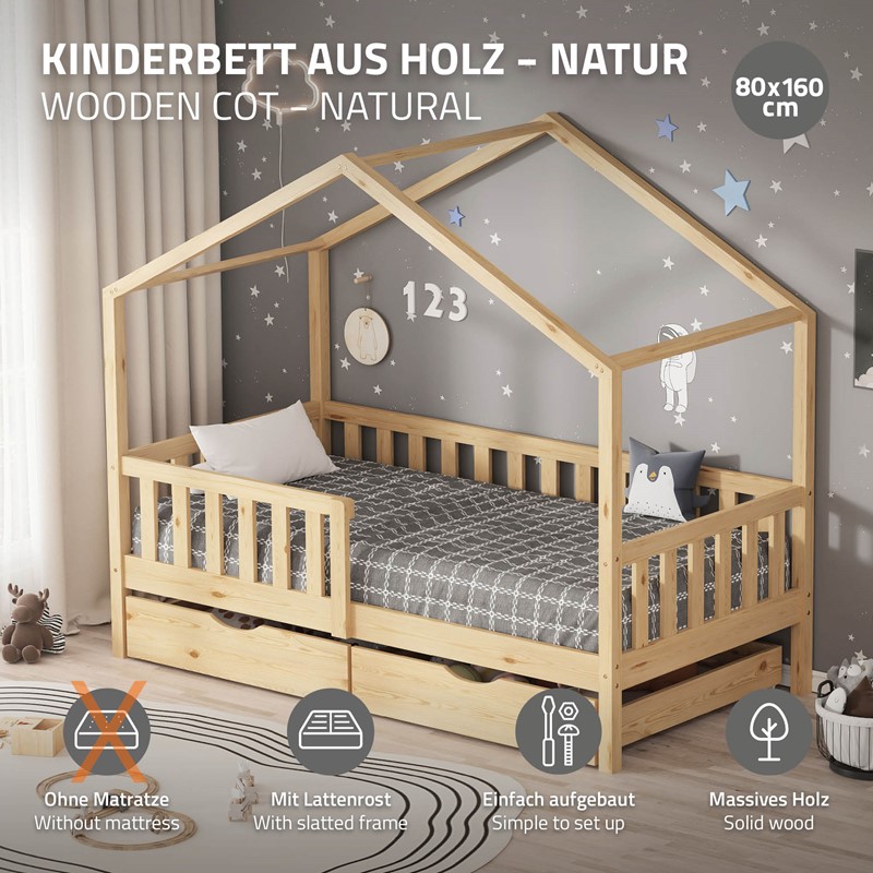 Kinderbett Hausbett mit 2 Schubkasten 80x160 cm Natur aus Kiefernholz mit Rausfallschutz und Lattenrost ML-Design
