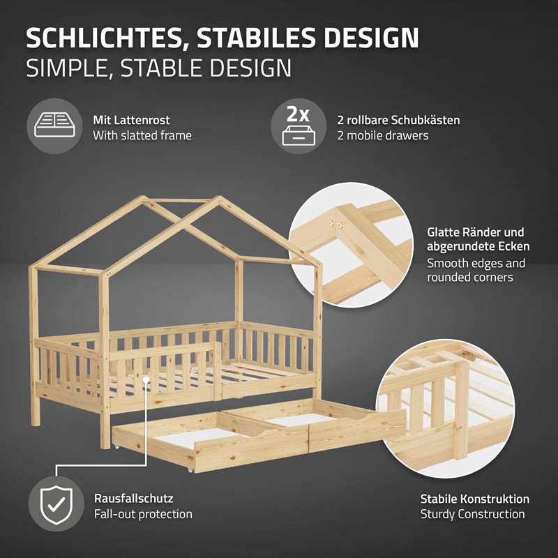 Kinderbett Hausbett mit 2 Schubkasten 80x160 cm Natur aus Kiefernholz mit Rausfallschutz und Lattenrost ML-Design