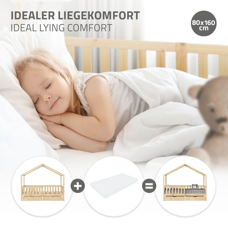 Kinderbett Hausbett mit 2 Schubkasten 80x160 cm Natur aus Kiefernholz mit Rausfallschutz und Lattenrost ML-Design