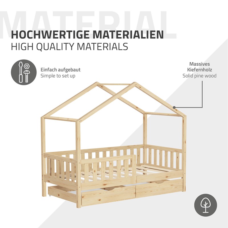 Kinderbett Hausbett mit 2 Schubkasten 80x160 cm Natur aus Kiefernholz mit Rausfallschutz und Lattenrost ML-Design