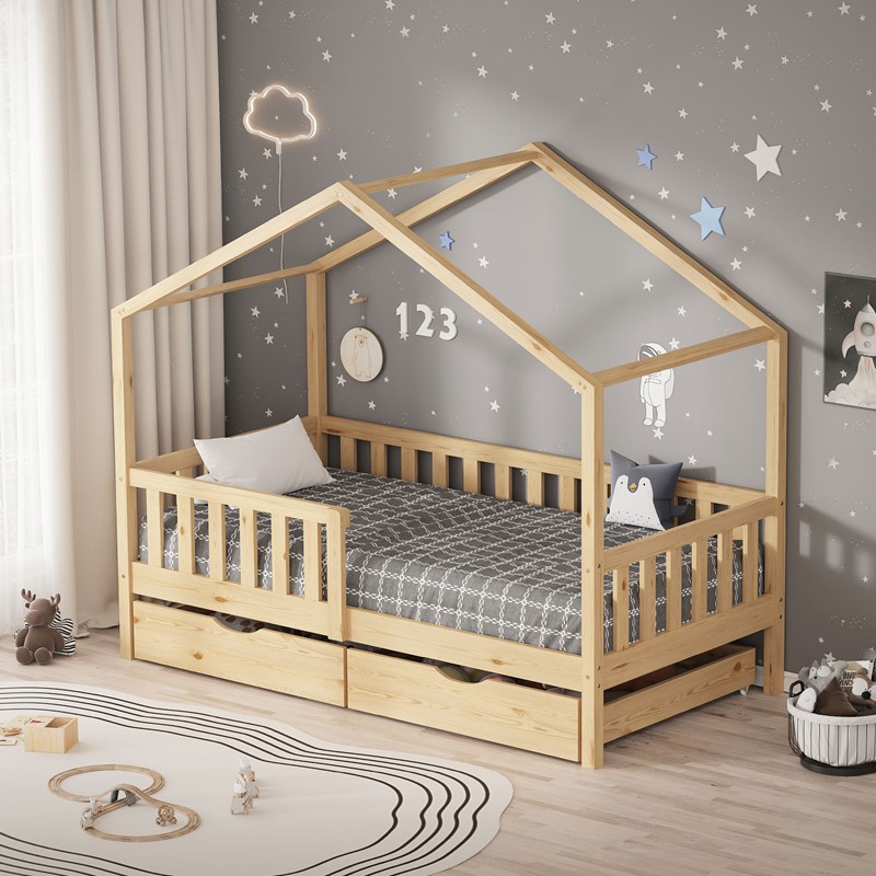 Kinderbett Hausbett mit 2 Schubkasten 80x160 cm Natur aus Kiefernholz mit Rausfallschutz und Lattenrost ML-Design