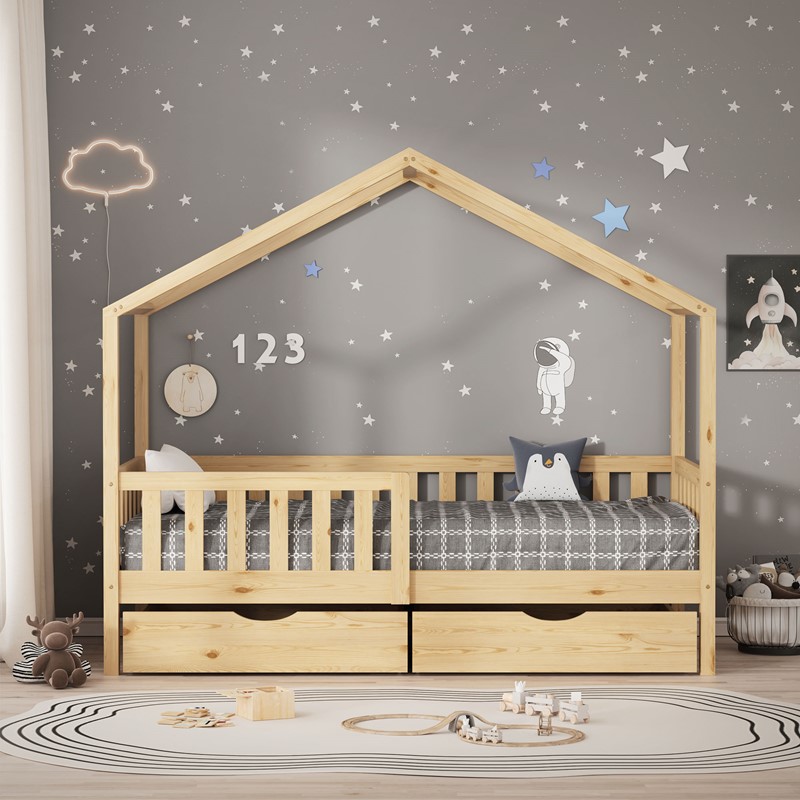 Kinderbett Hausbett mit 2 Schubkasten 80x160 cm Natur aus Kiefernholz mit Rausfallschutz und Lattenrost ML-Design