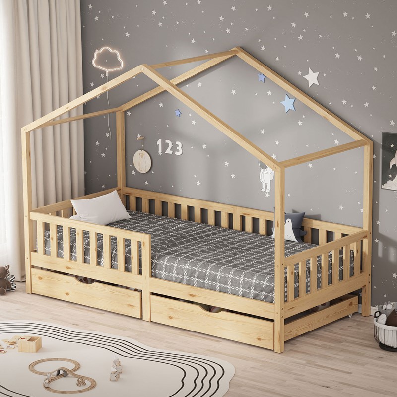 Kinderbett Hausbett mit 2 Schubkasten 90x200 cm Natur aus Kiefernholz mit Rausfallschutz und Lattenrost ML-Design Kinderbett Hausbett mit 2 Schubkasten 90x200 cm Natur aus Kiefernholz mit Rausfallschutz und Lattenrost ML-Design