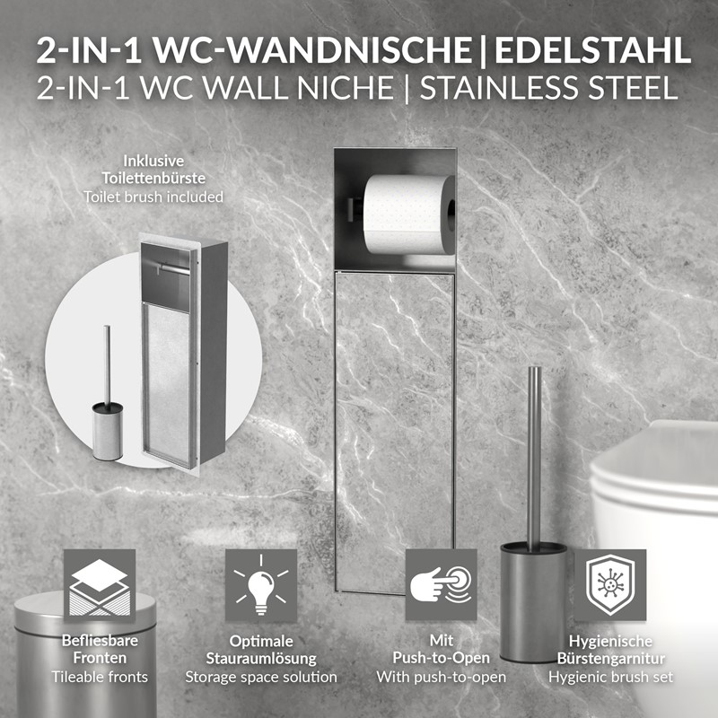 Unterputz-Schrankmodul befliesbar mit Toilettenbürste 60x20x14cm, Silber, Edelstahl WC Wandnische LuxeBath