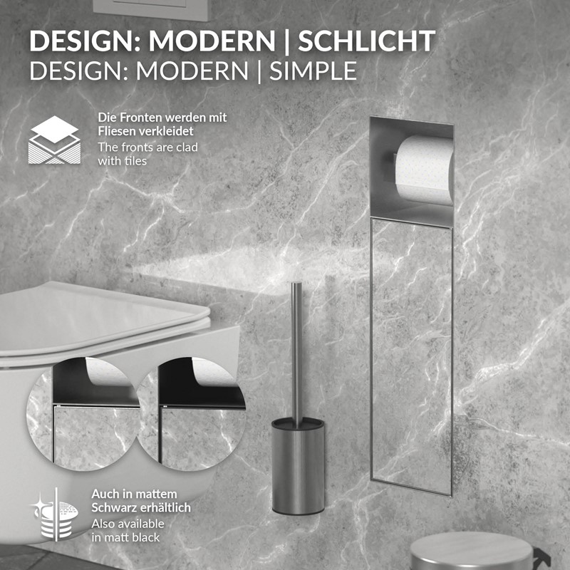 Unterputz-Schrankmodul befliesbar mit Toilettenbürste 60x20x14cm, Silber, Edelstahl WC Wandnische LuxeBath