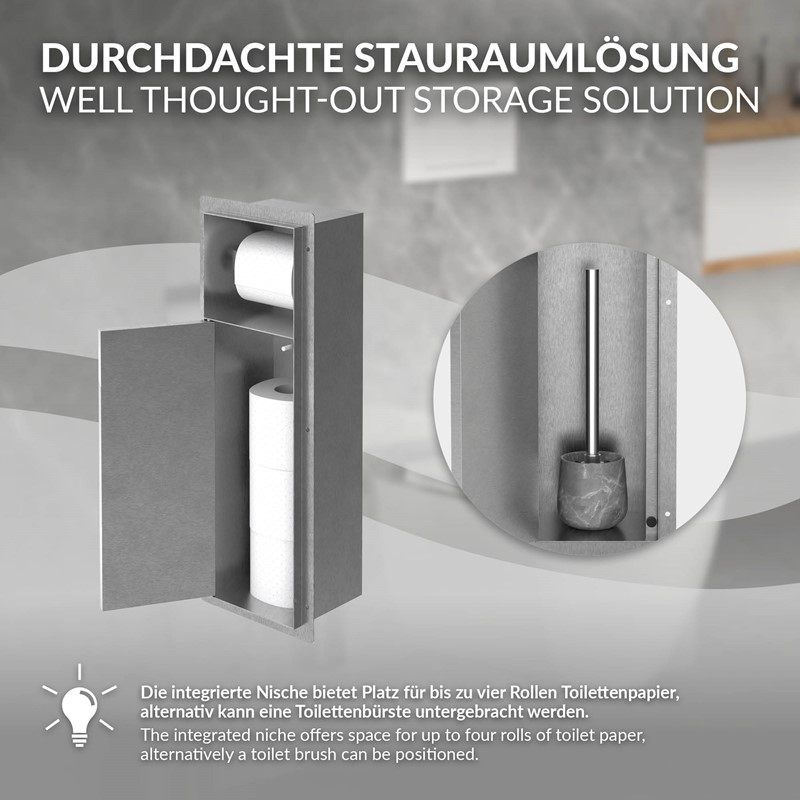 Unterputz-Schrankmodul befliesbar mit Toilettenbürste 60x20x14cm, Silber, Edelstahl WC Wandnische LuxeBath
