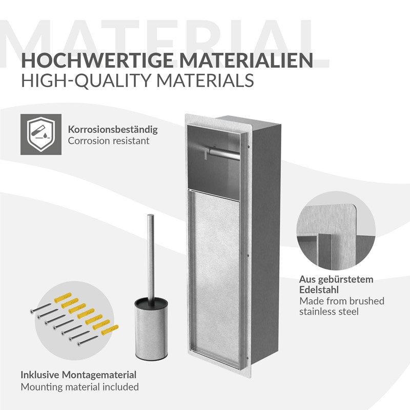 Unterputz-Schrankmodul befliesbar mit Toilettenbürste 60x20x14cm, Silber, Edelstahl WC Wandnische LuxeBath