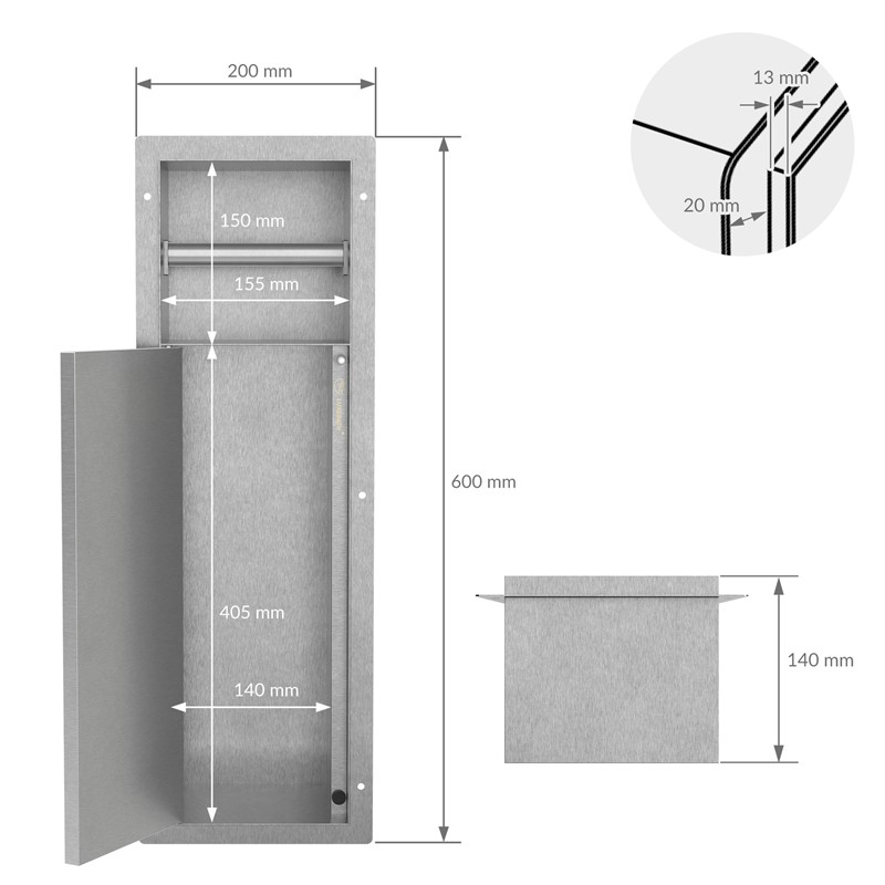 Unterputz-Schrankmodul befliesbar mit Toilettenbürste 60x20x14cm, Silber, Edelstahl WC Wandnische LuxeBath