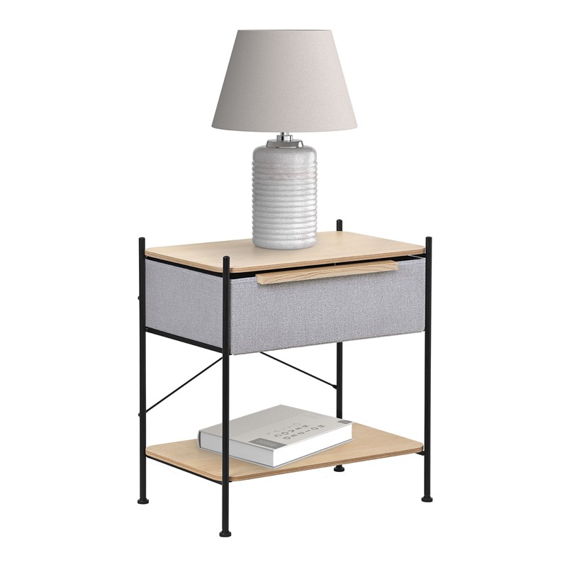 Nachttisch 62x67,5x42,5 cm Eiche aus Stahl, MDF mit Stoff Schublade ML Design Nachttisch 62x67,5x42,5 cm Eiche aus Stahl, MDF mit Stoff Schublade ML Design