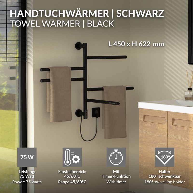 Handtuchwärmer Elektrisch 450x622 mm mit 5 schwenkbaren Armen & Timerfunktion, 75W Handtuchheizkörper Schwarz matt LuxeBath