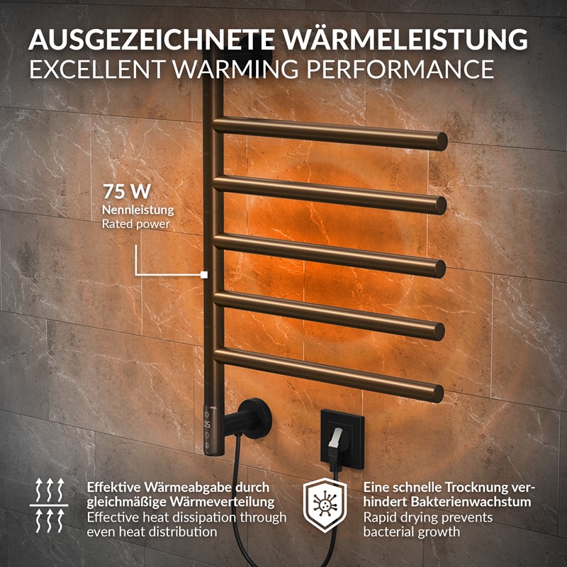 Handtuchwärmer Elektrisch 450x622 mm mit 5 schwenkbaren Armen & Timerfunktion, 75W Handtuchheizkörper Schwarz matt LuxeBath